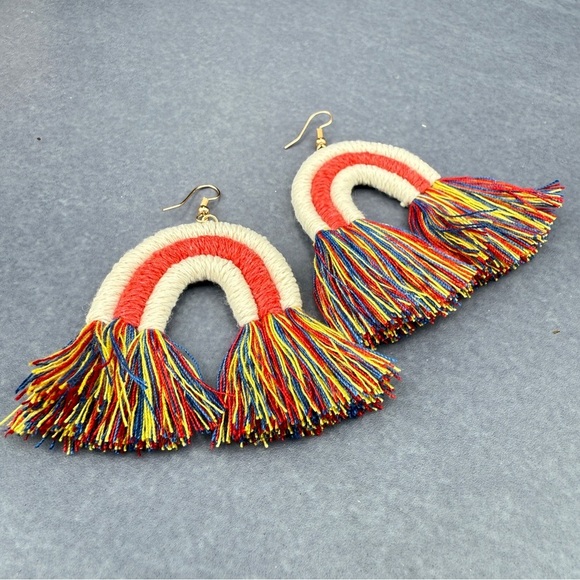 Colorful Macrame Rainbow Tassel Earrings Red Yellow Blue - Picture 7 of 12